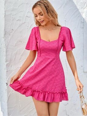 Double Crazy Bright Pink Eyelet Mini Dress